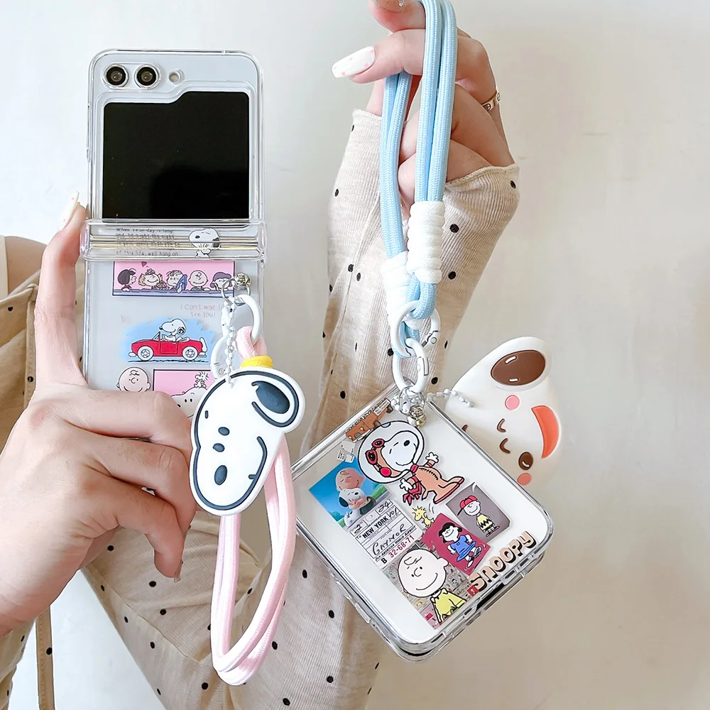 Cartoon Label Snoopies With Lanyard Phone Case for Samsung Galaxy Z Flip 3 4 Z Flip 5 6 5G PC Hard Anti-drop Back Cover Funda