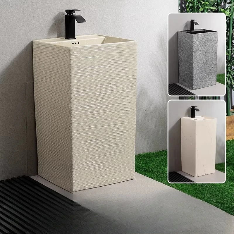 Retro outdoor balcony integrated ceramic wash basin imitation stone texture color antique floor column wash basin