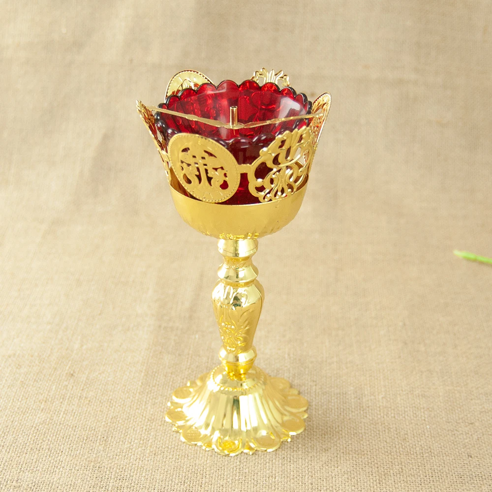 Hollow Filigree Cutout Rim Gold Orthodox Tealight Holder Tall Embossed Body Red Scalloped Glass Cup Church Religious Liturgical