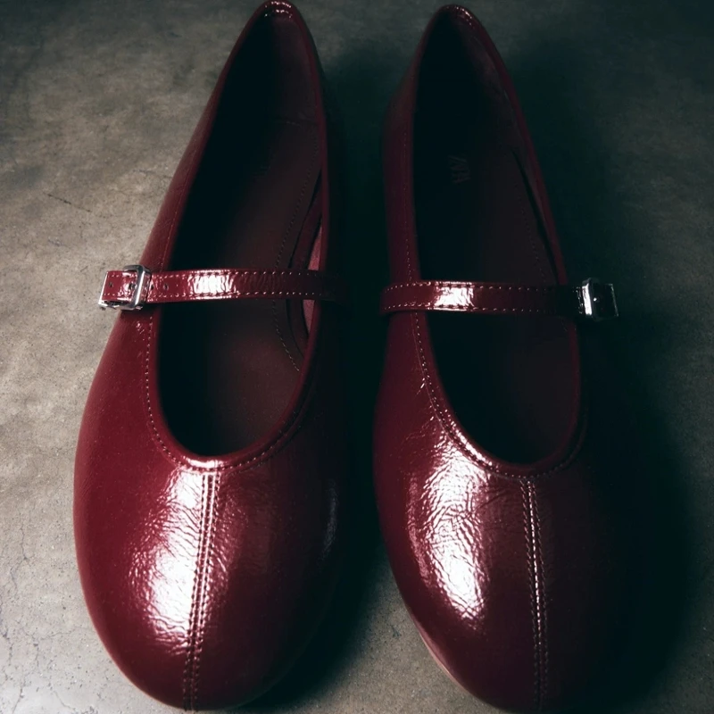 جديد إمرأة الباليه Flat oes النبيذ الأحمر براءات الاختراع والجلود تأثير مريح عادية تنوعا الشقق جولة تو المطاط تسولي #5