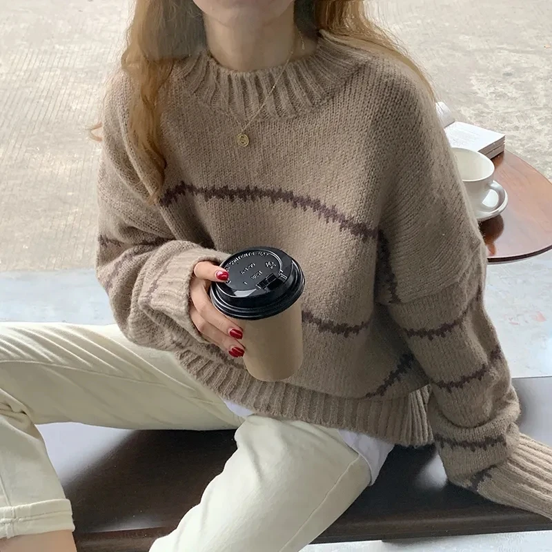 Vintage Women Striped Thick Warm Knitted Jumper Fall Winter Mock Neck Sweater Harajuku Casual Loose Oversize Female Pullover