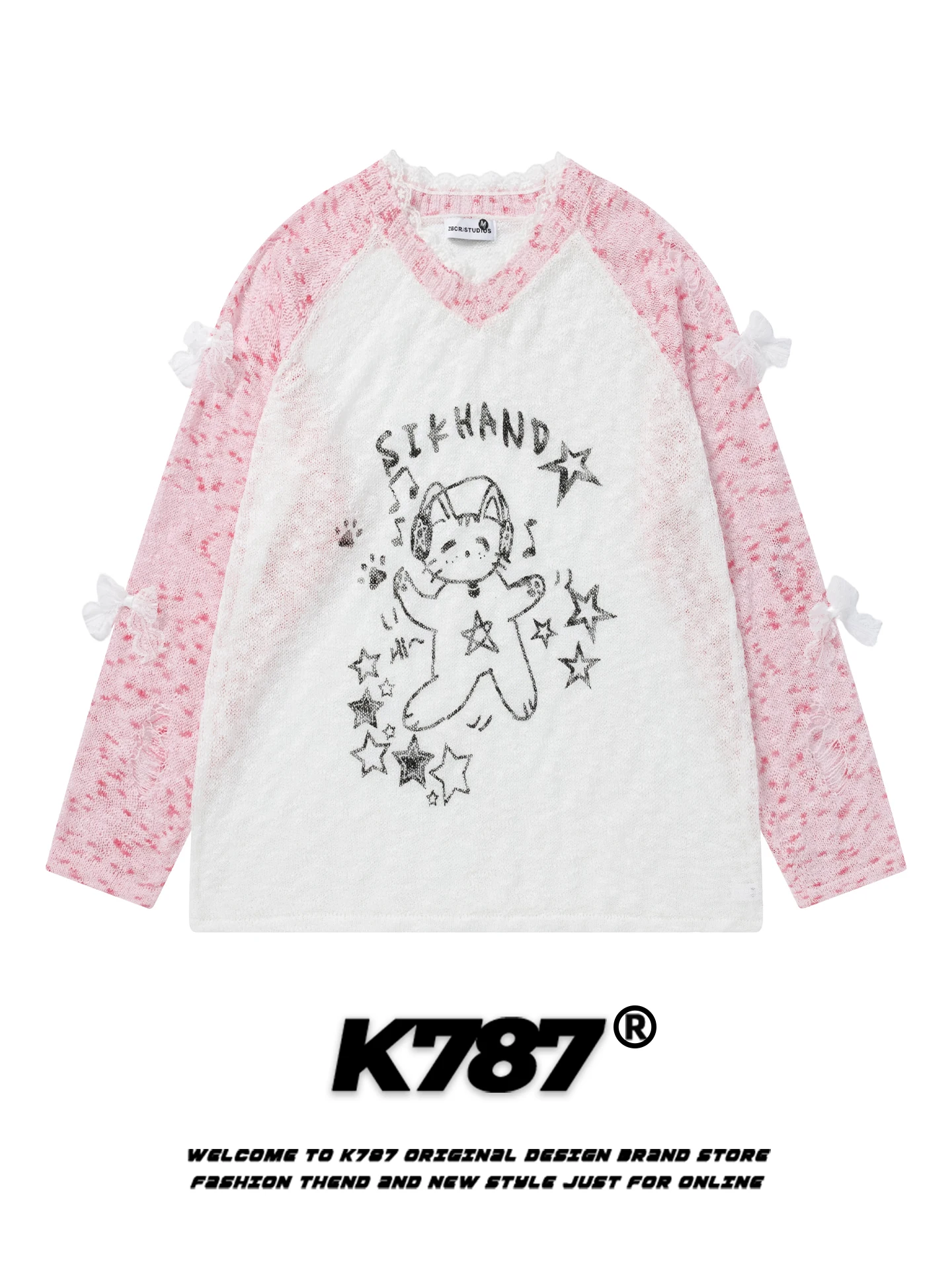 

Американская женская футболка с длинным рукавом, свободного кроя, с принтом звезд, из полупрозрачного кружева, с узлом, повседневный топ