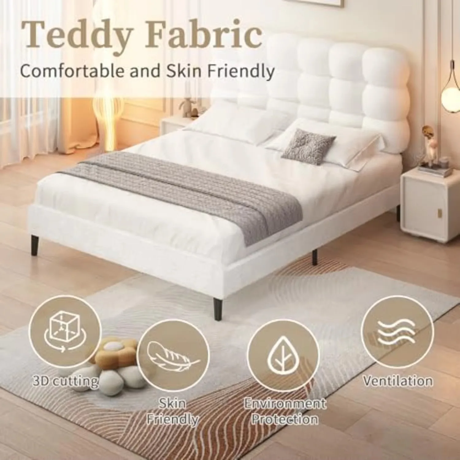 Twin Bed Frame, Soft Cloud Boucle Headboard, White | A removable headboard creates two bed configurations. Metal legs image 4