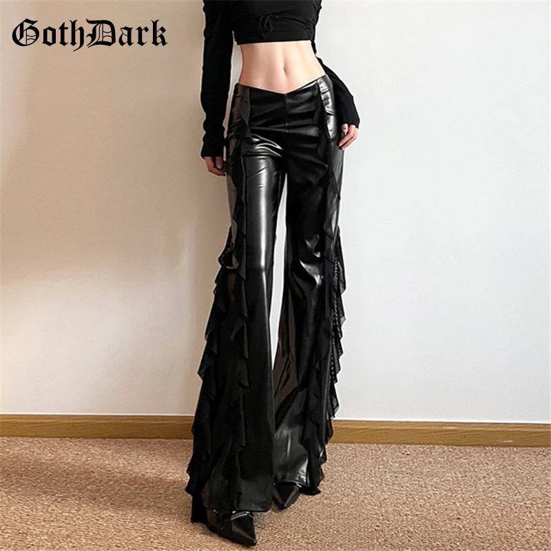 

Goth Dark Streetwear Faux Pu Patchwork Mesh High Waist Trousers Mall Gothic Zip Women Casual Flare Pants Punk Style Alt Bottoms