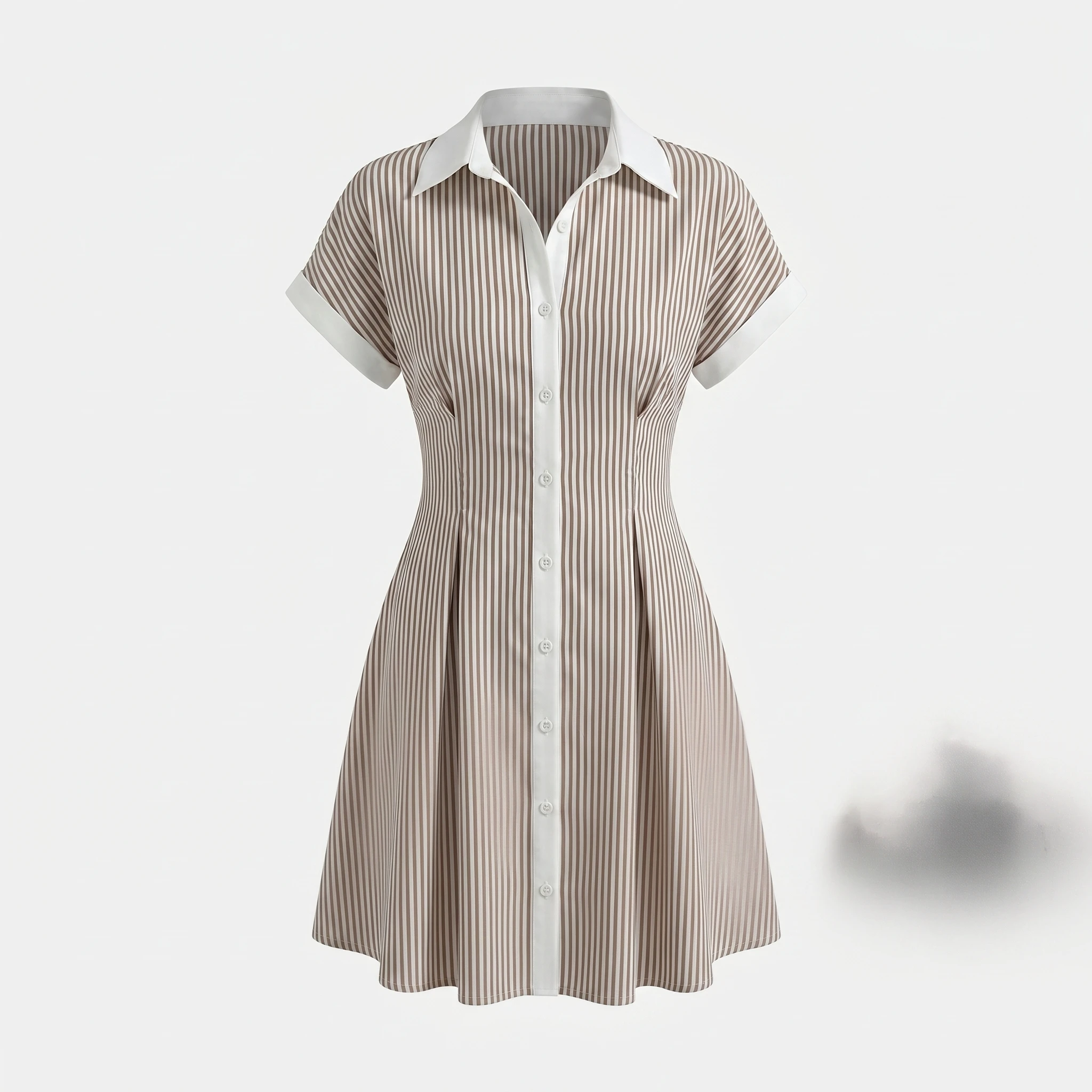 Braunes Damen-Hemdkleid mit vertikalen Streifen, Reverskragen, kurzen Ärmeln, Knopfleiste vorne, tailliert, A-Linie, Mini-Bürokleid – Detail 7
