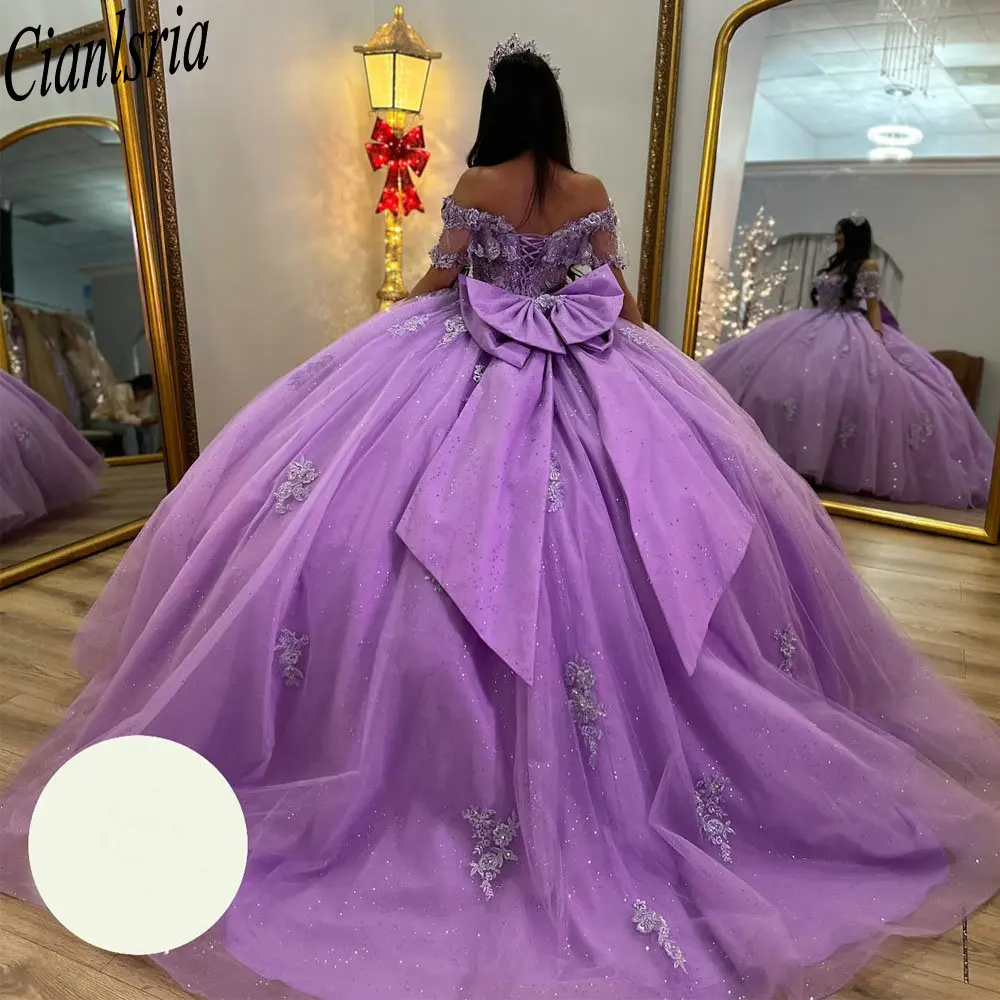 Vestido De baile De quinceañera con apliques De ilusión Lila, vestido De quinceañera sin hombros, corsé De cristal, 15 Años