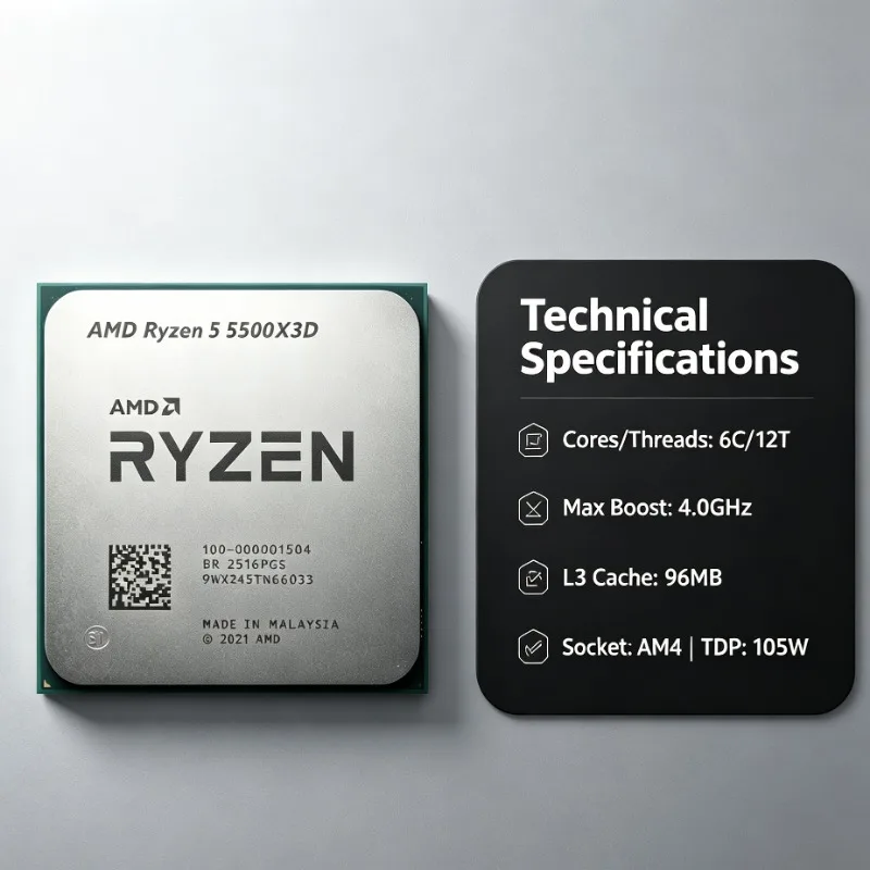 R5 5500X3D AMD 3D V-Cache Gaming Desktop Processor Socket AM4 6-Core 12-Thread 3GHz 96M L3 105W 7NM Without Cooler