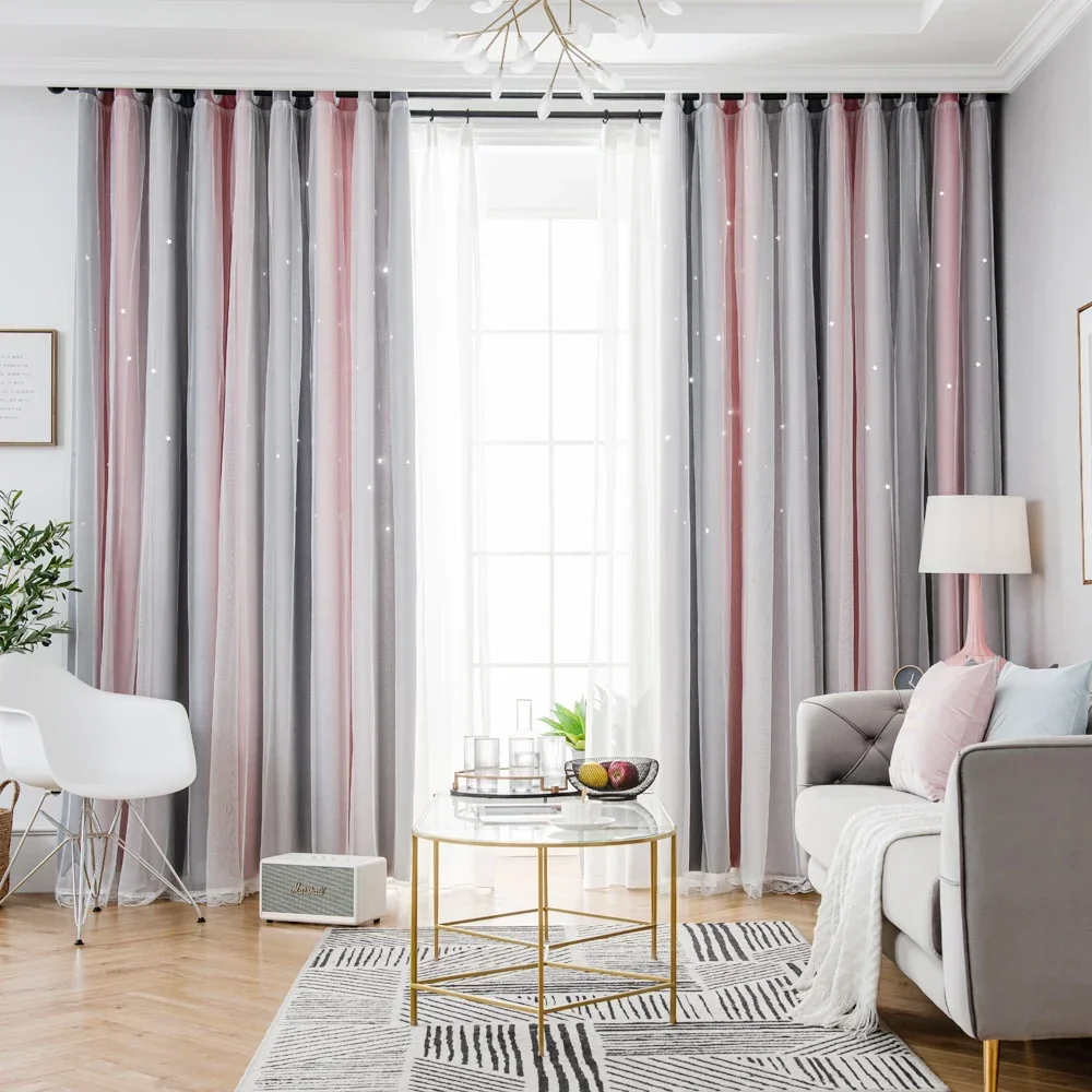 Colorful Double Layer Blackout Sheer Curtains Romantic Rainbow Color Stars Curtain For Living Room Kids Girls Bedroom Decor