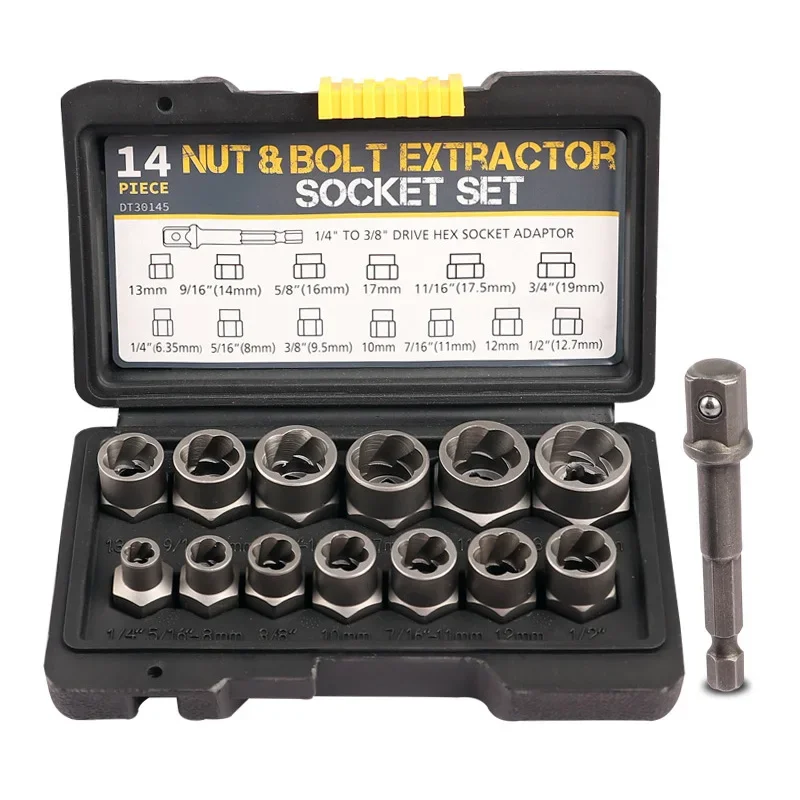 Impact Bolt Nut Extractor Set 13pcs Lug Nut Remover Kit 1/4”-3/4”Twist Socket Tool Set with A 1/4”Hex Drive 3/8”With Storage Box