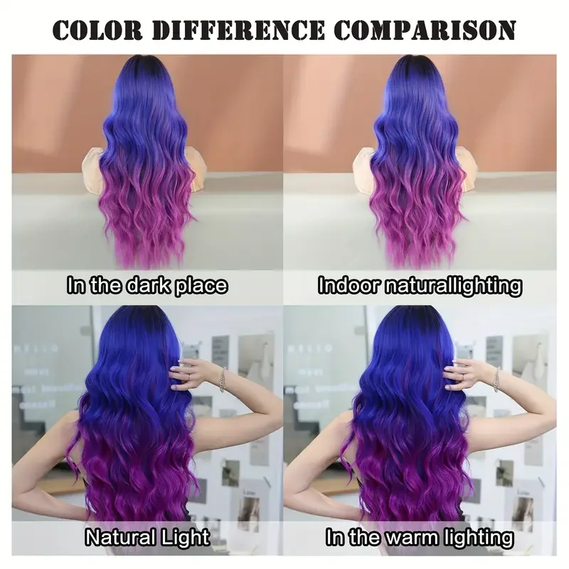 باروكة صناعية متوسطة الحجم متدرجة باللون الأزرق والأرجواني بدون غرة، باروكة عالية الجودة مقاس 24 بوصة للنساء يوميًا، والحفلات التنكرية، وما إلى ذلك