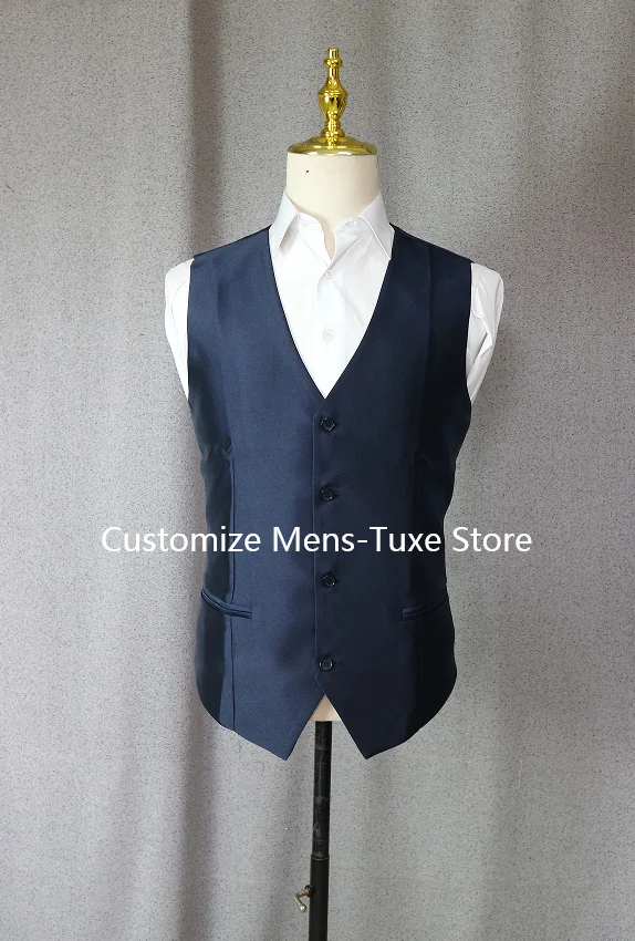 2023 Fashion Casual Custom Made Groom Tuxedo Navy Blue Peak Lapel Wedding/Prom Best Man Suits Bridegroom (Jacket+Pants+Vest)