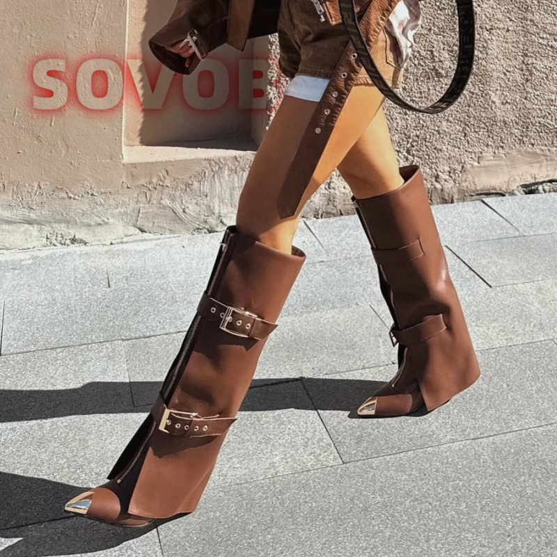 

Женские сапоги до колена в стиле панк на шпильке, длинные сапоги с пряжкой на ремне, золотистые сапоги с острым носком, осенне-зимние уличные модельные туфли