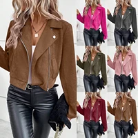 Faux Suede Women Jakcet Zipper Fly Lapel Buttons Motorcycle Jacket Leather Jacket