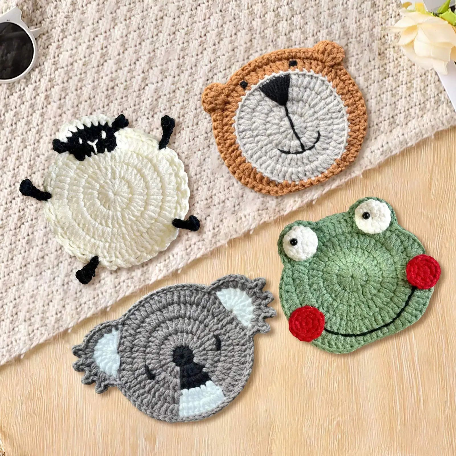 Lovely Crochet Animal Design Cup Coasters Creative Desktop Decor Insulation Pads Perfect for Coffee Table Home Cafe Kitchen