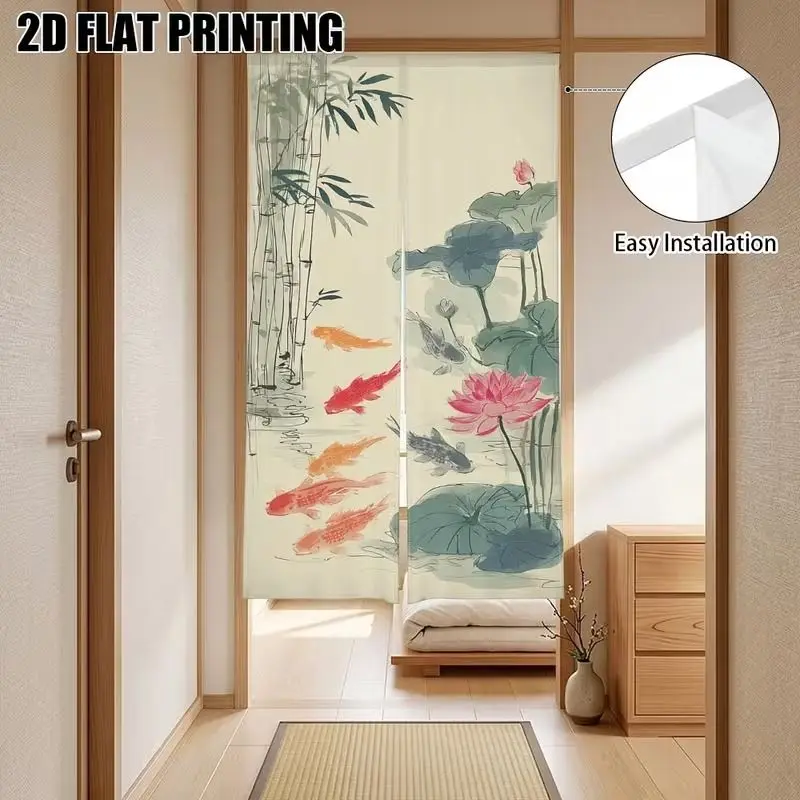 VIKAMA Japanese Lotus Half Door Curtain, Water Lily Floral Noren Curtain, Privacy Divider Screen Entryway Room Home Decor