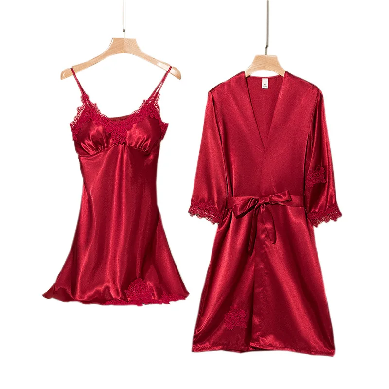 Ladies Spring Summer Ice Silk Pajama Set Sexy Camisole Nightdress with Robe Soft Comfortable Bathrobe Loungewear for Women