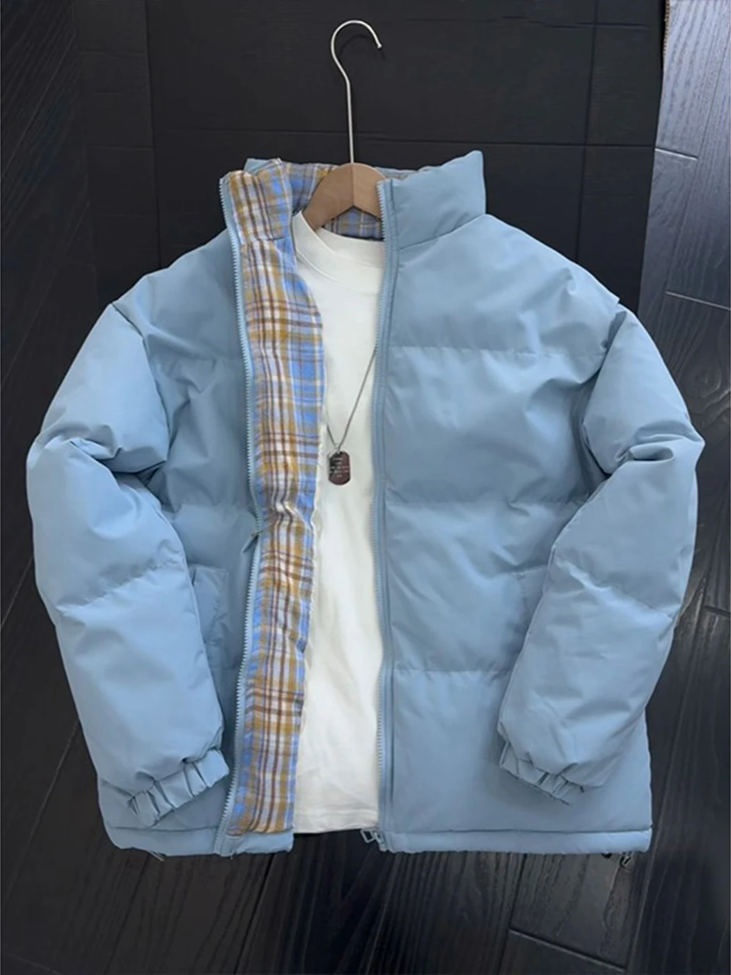 

Blue Plaid Stand Collar Thiened Winter Jaet Men's ort Sle Warm Bread Sle Workwear Coat Casual Loose Fit Polyester F...