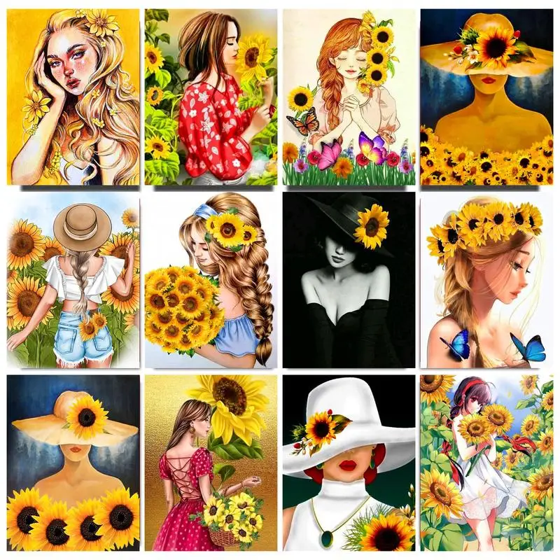 

PhotoCustom Oil Painting By Numbers SunFlower Figure Girl DIY Paint By Number On Canvas Acrylic Paint For Adults Gift Home Decor