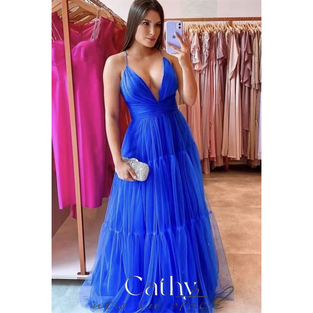 

Cathy Multilayer A-line Tulle Prom Dress Sexy V-neck Strapless فستان حفلات الزفاف Backless Spaghetti Strap vestidos de festa