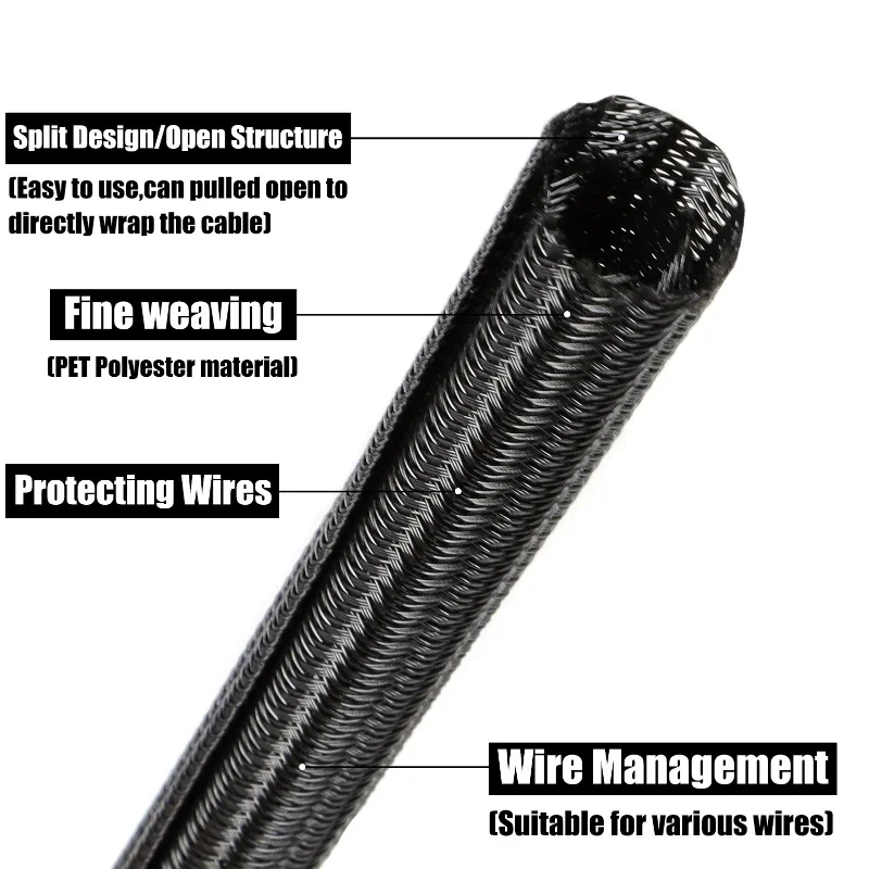 2M Black & White for Self-Closing PET Braided Cable Sleeve, 3-50mm Heat Resistant Insulated Split Wire Protector