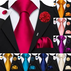 Barry.Wang Solid Mens Tie Hankerchief Cufflinks Brooch Set Jacquard Plain Necktie Corsage For Male Wedding Party Events