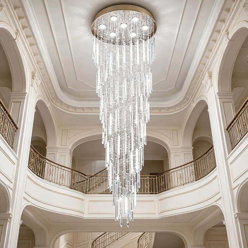 Luxury Waterfall Crystal Ceiling Lamp Tall Staircase LED Chandelier For Entrance Hall Duplex Building Lighting