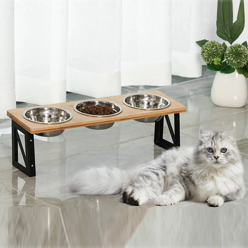

Elevated cat food bowl with bracket wood iron high-footed eating utensils food basin Amazon cat special feeder anti-vomiting