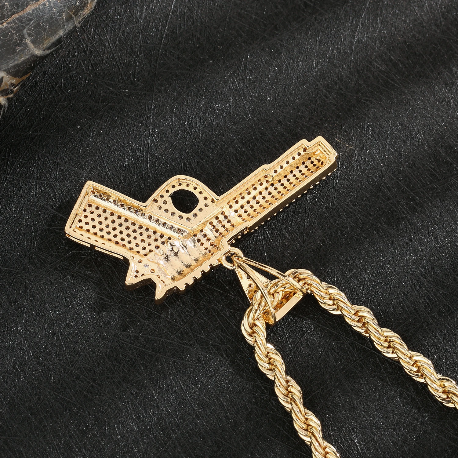 Men's Punk Pistol Pendant Necklace, 14K Brass Plated Gold, Jewelry Gift for Father or Boyfriend view 4