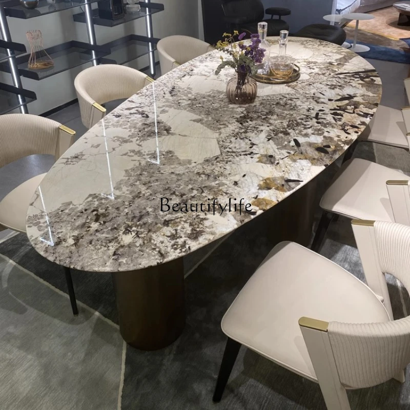

Luxury Stone Dining Table Oval Villa Large Flat Floor Light Luxury Water Drop Shaped Natural Marble Dining Table