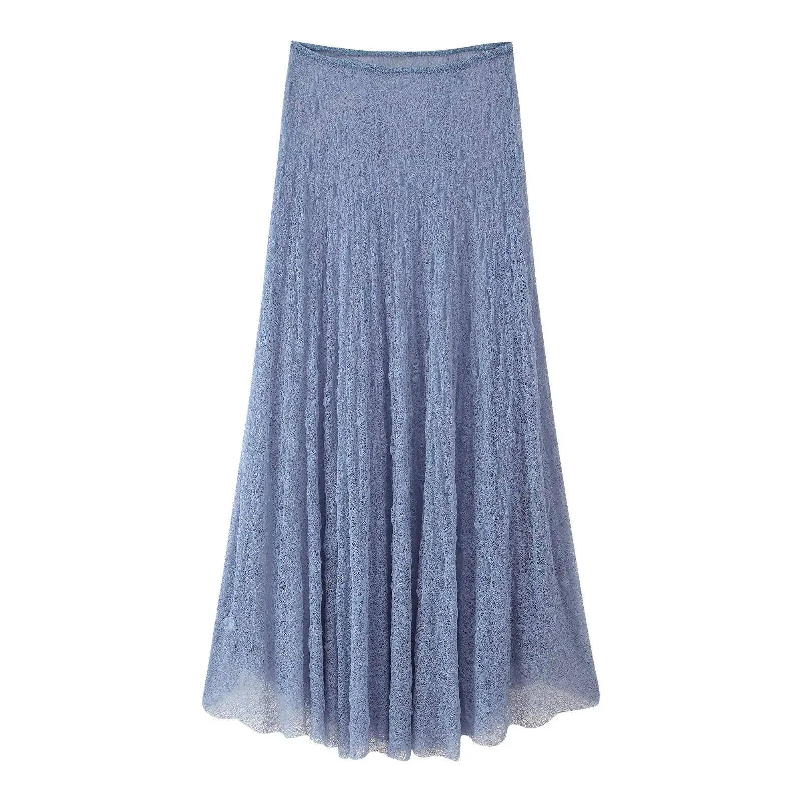 2025 Abito da donna estivo senza maniche in pizzo tinta unita con volant Top corto + gonna lunga a pieghe in vita elastica a trapezio scava fuori outfit