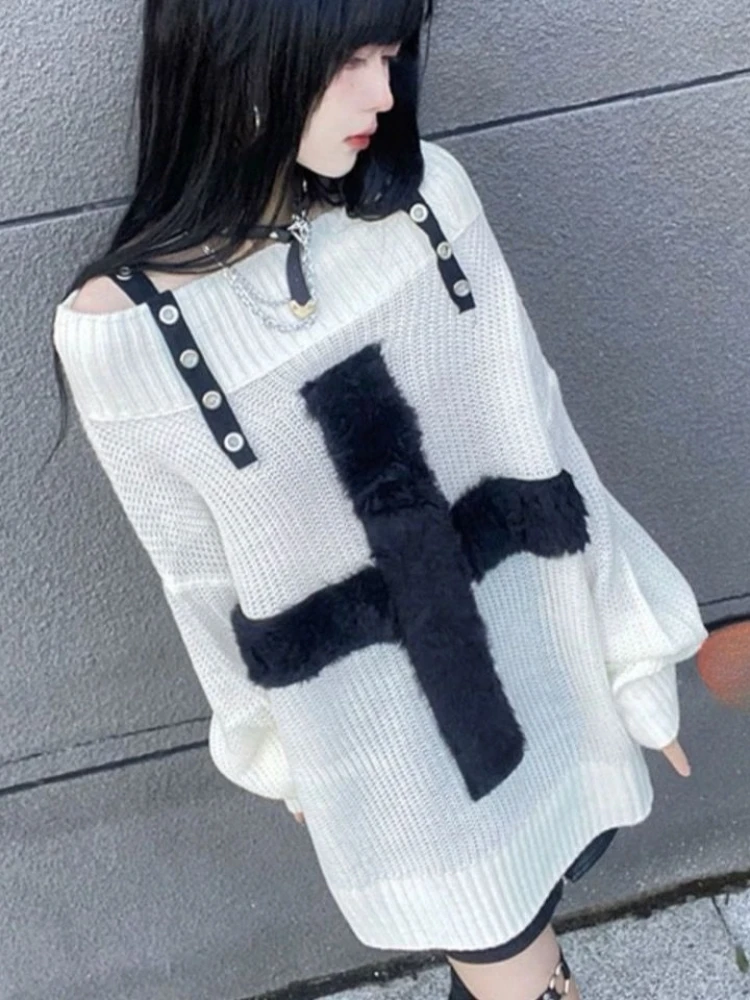 Subculture Punk Style Long Sleeve Blouse Women Casual Slash Neck Patchwork Shirt Button American Vintage Slim 2025 Autumn