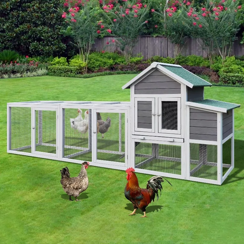 Gray Wooden Chicken Coop Outdoor Hen House with Run, Waterproof Roof & Nesting Box for Commercial Equipment and Animal Use