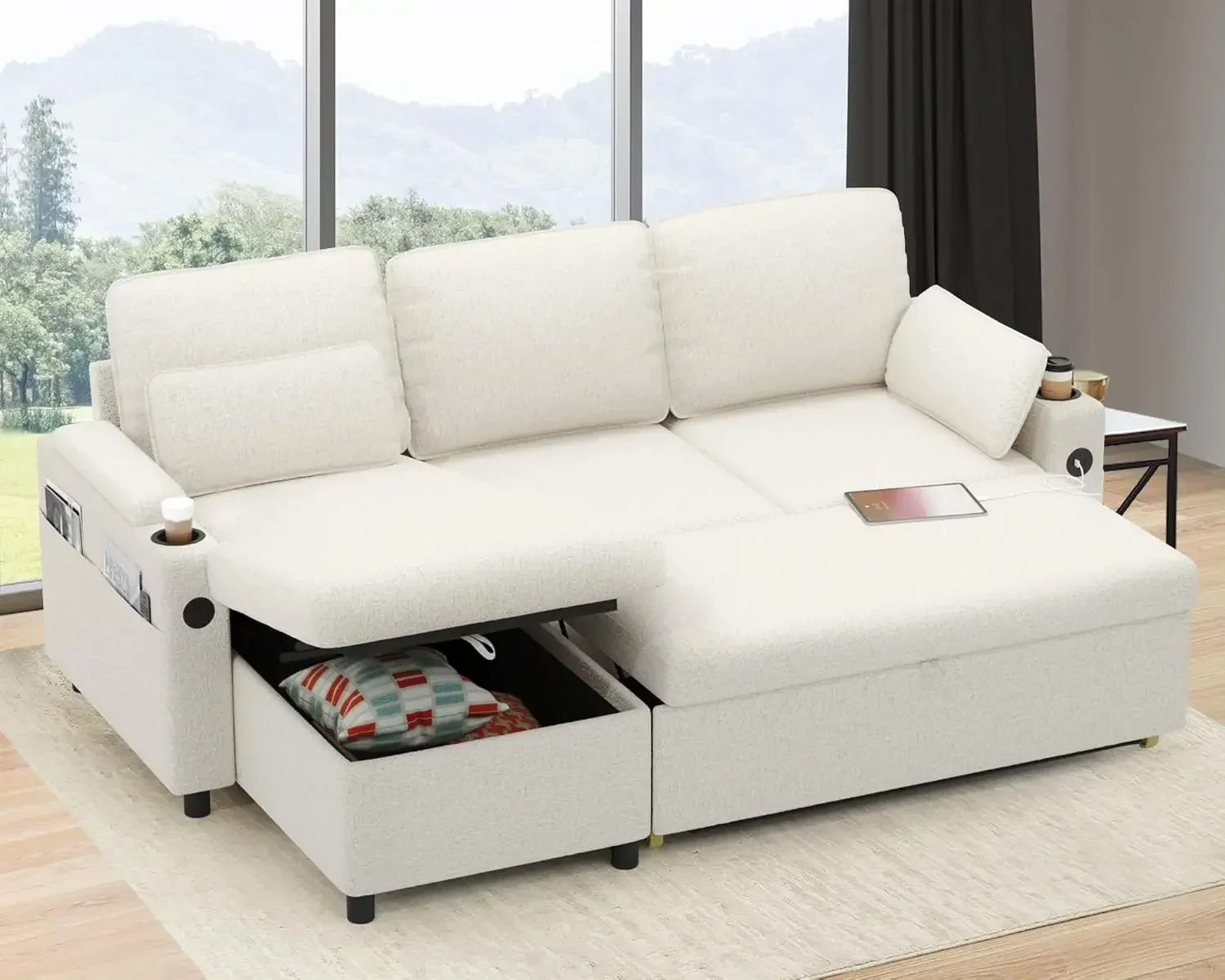 Sofa Bed Sleeper Pull Out 2 in 1 Sectional Sleeper Sofa Couches with Storage,USB, Cup Holder,Pullout Sectional Couches for Apart