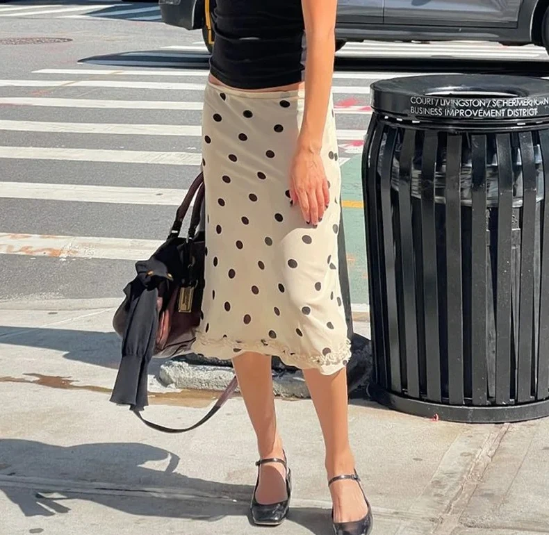 

Повседневные женские юбки в горошек с отделкой салатами Бежевые элегантные юбки-миди