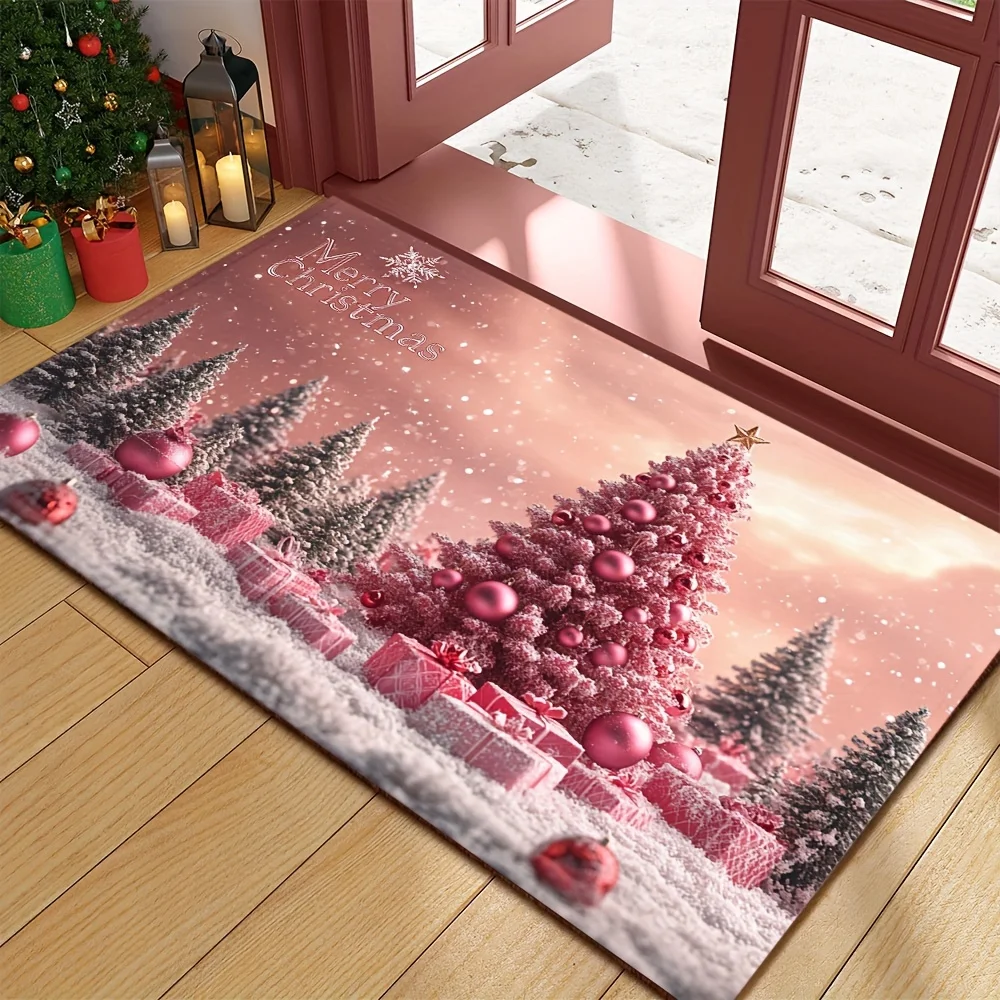 Pink Christmas Tree Welcome Doormat - Polyester, Snow Pattern Design, Gift Box, Christmas Decor
