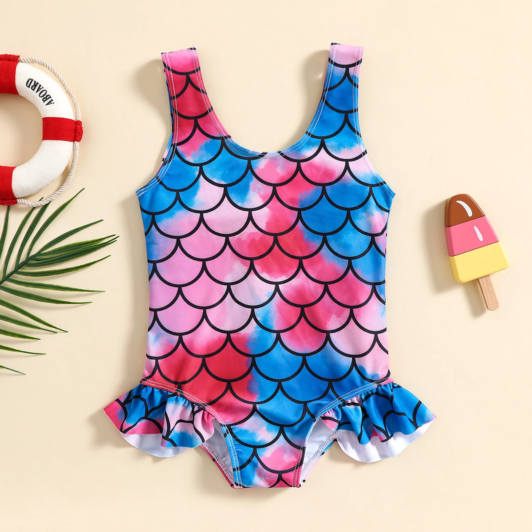 Toddler one piece swimsuit with ruffle and pink blue gradient mermaid scale pattern for beach and pool water play