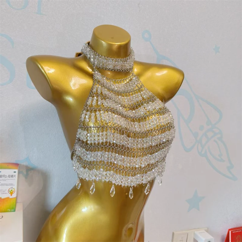 Vintage Funkelnde Mehrschichtige Perlen-Bodykette Halter-Crop-Top für Damen Kristall-Quasten Nachtclub-Party-BH Y2K Top Roupas+Feminina – Detail 2