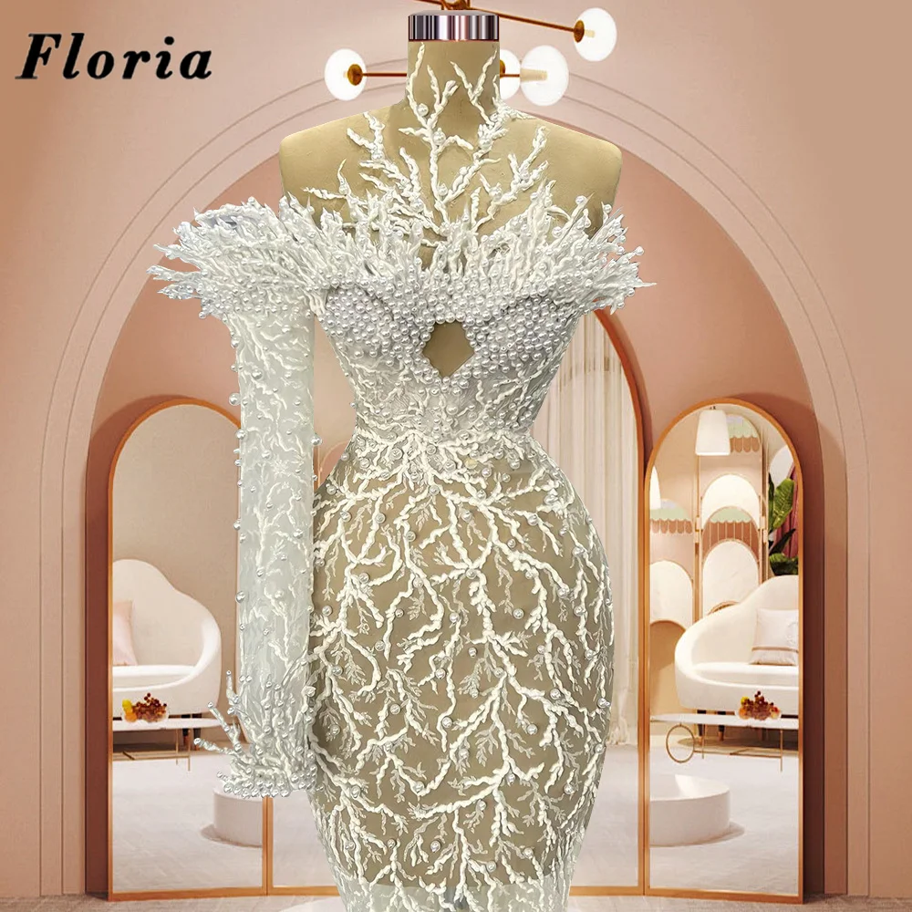 Floria Custom Made Ivory Lace Pearls Evening Dresses Turkish Dubai Mermaid Long Formal Dress For Wedding Guest 2023 Arabic Party