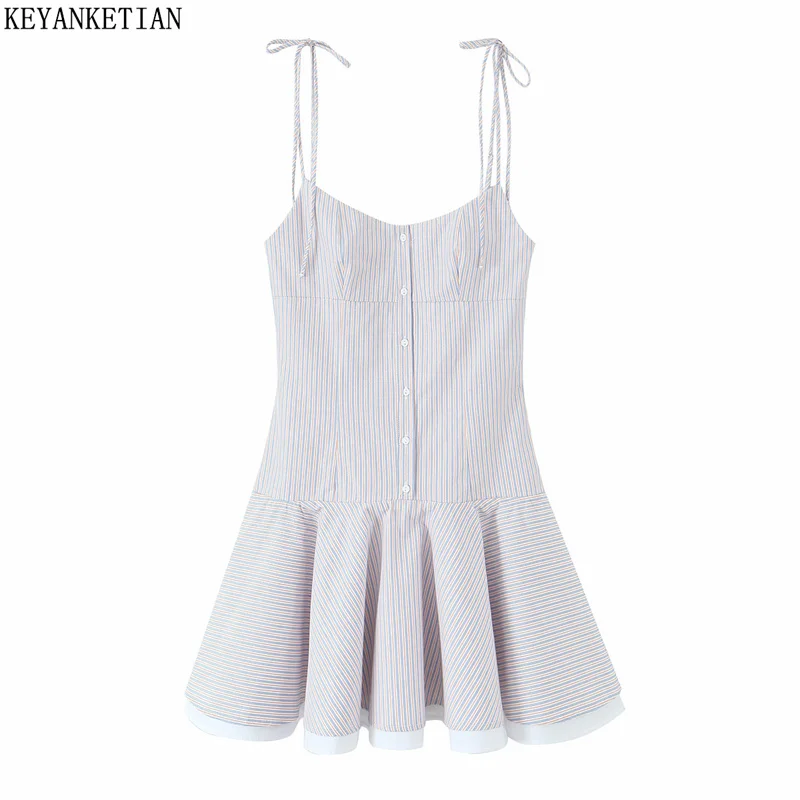 

KEYANKETIAN Summer New Women's Striped Spaghetti Strap Mini Dress Holiday wind Buttons Decoration Back Zipper Wide-Pleated Dress