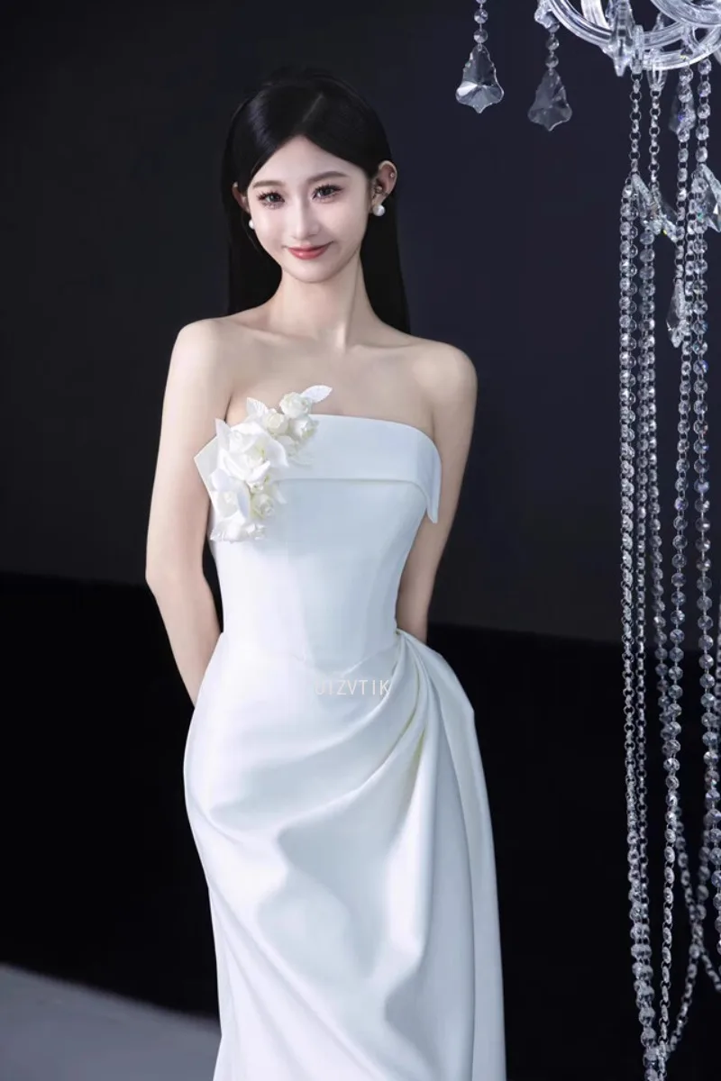 French White Light Wedding Dress Slim Strapless Satin Sleeveless A-Line Mermaid Formal Occasion Celebrity Prom Evening Dress