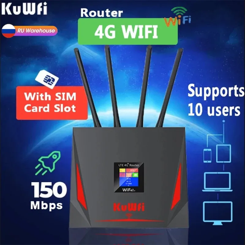 

Kuwfi 4g Lte Router 150Mbps Wireless Wifi Mobile Hotspot with RJ45 WAN LAN Port FDD TDD With SIM Card Slot 4 High Gain Antennas