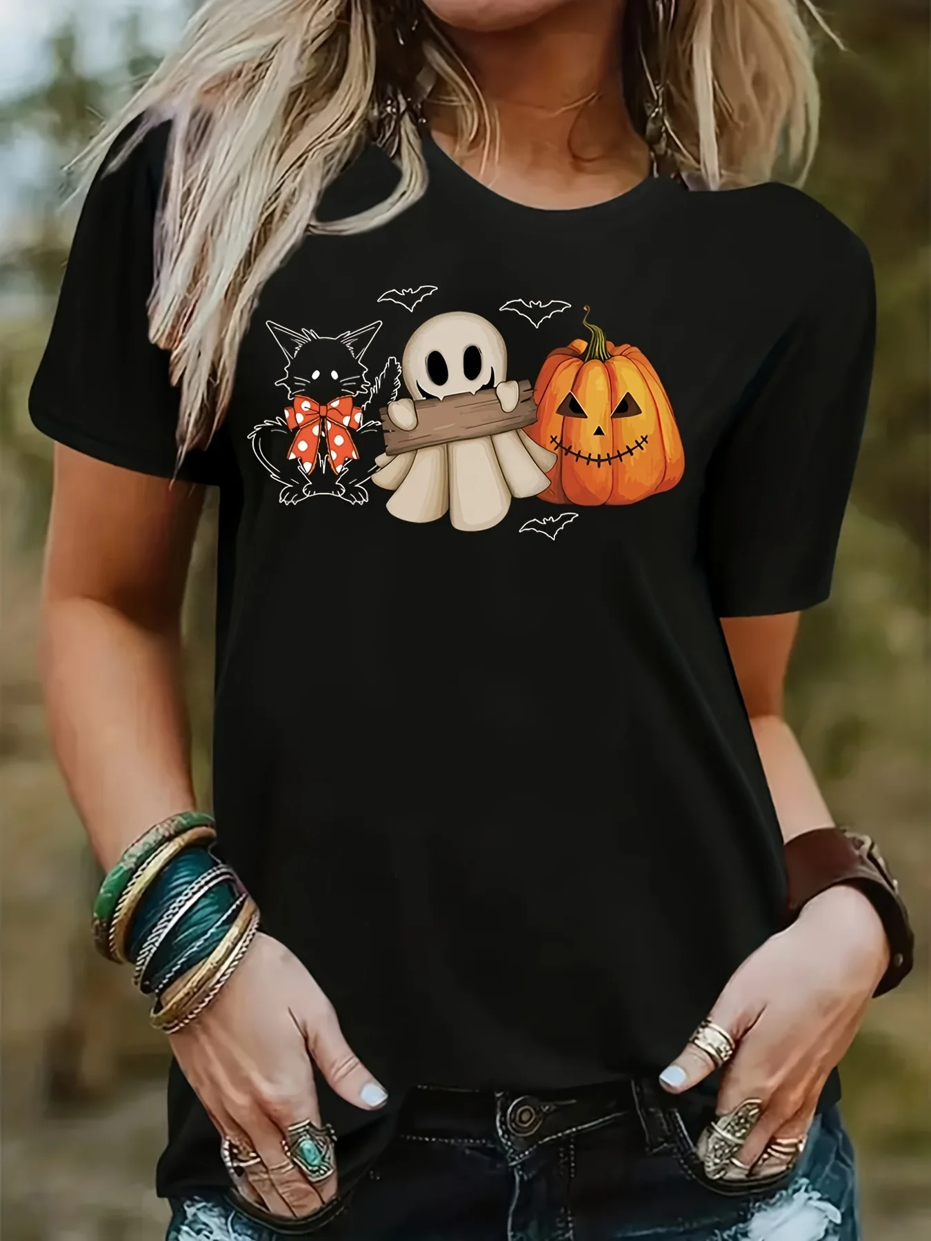 

Women's Halloween Black Cat Pumpkin Print T-Shirt Casual Short Sleeve Round Neck Tee with Spooky Bats Cobwebs Design