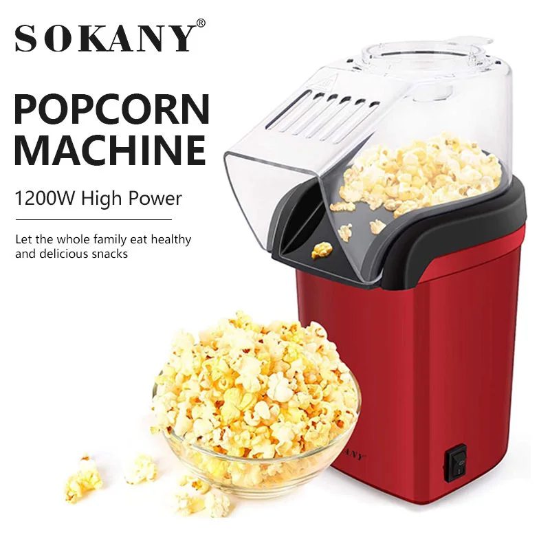 1 Sokany Plug 1200 W Domowa maszyna do popcornu z prostą obsługą, przełącznikiem przyciskowym, przezroczysta osłona, pusta konstrukcja