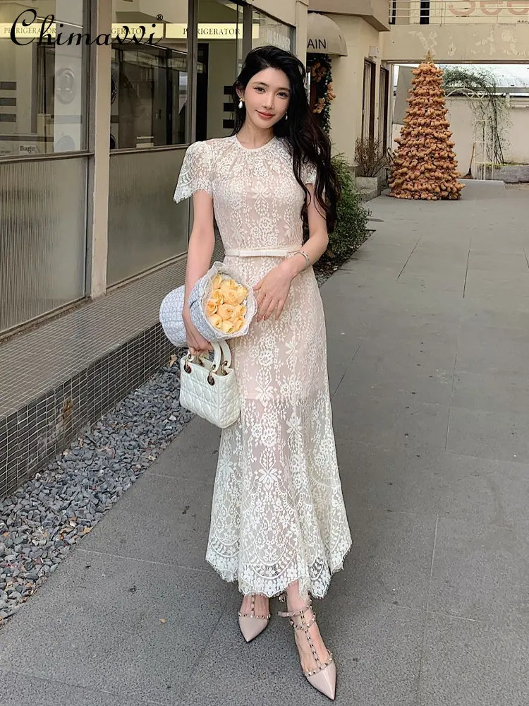 

Summer New French Fashion Elegant Beige Lace Long Short-sleeved Dress High-end Slim-fit Party Women's Fishtail Long Gown Dress