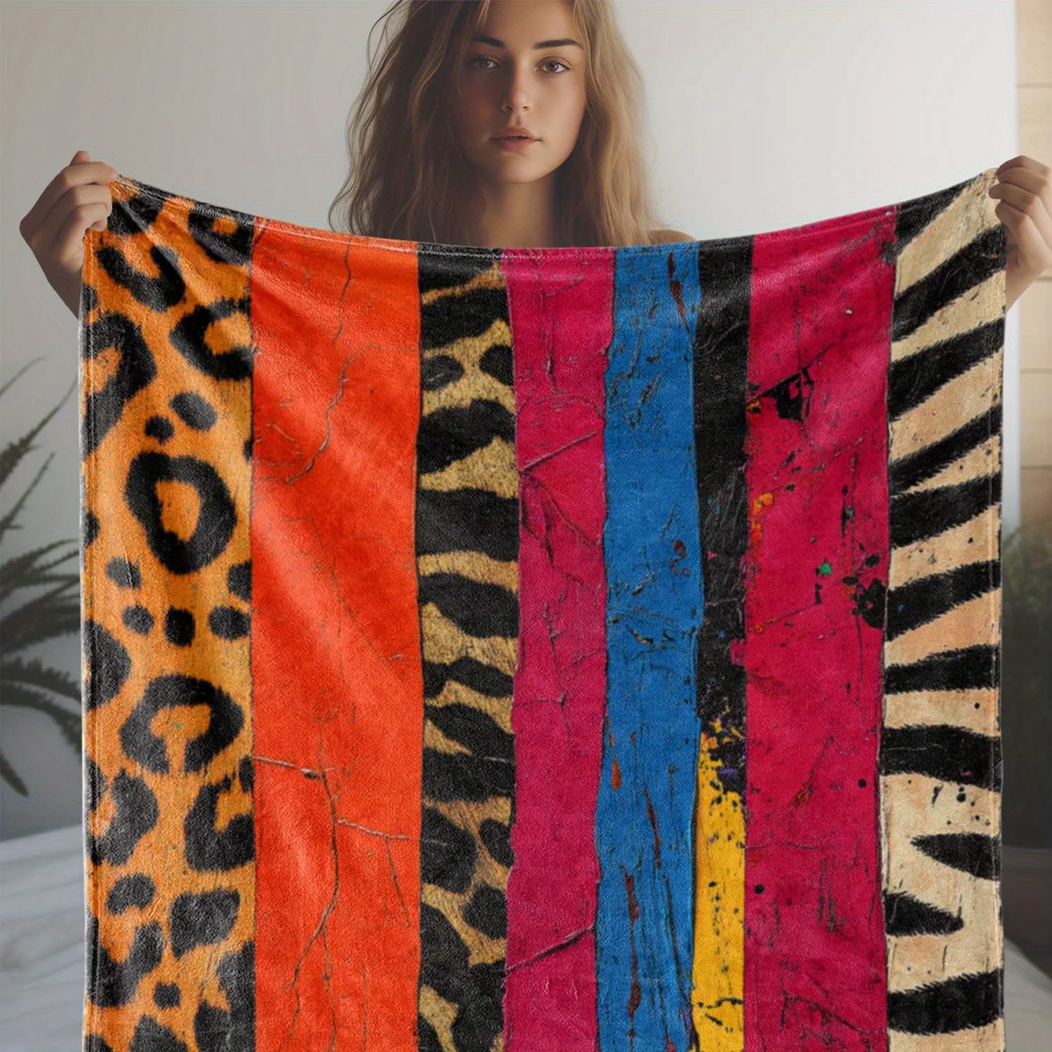 Luxurious Vibrant Multicolor Flanel Throw Blanket Abstract Animal Print Boho Home Decor Accent Sofa Couch Cover