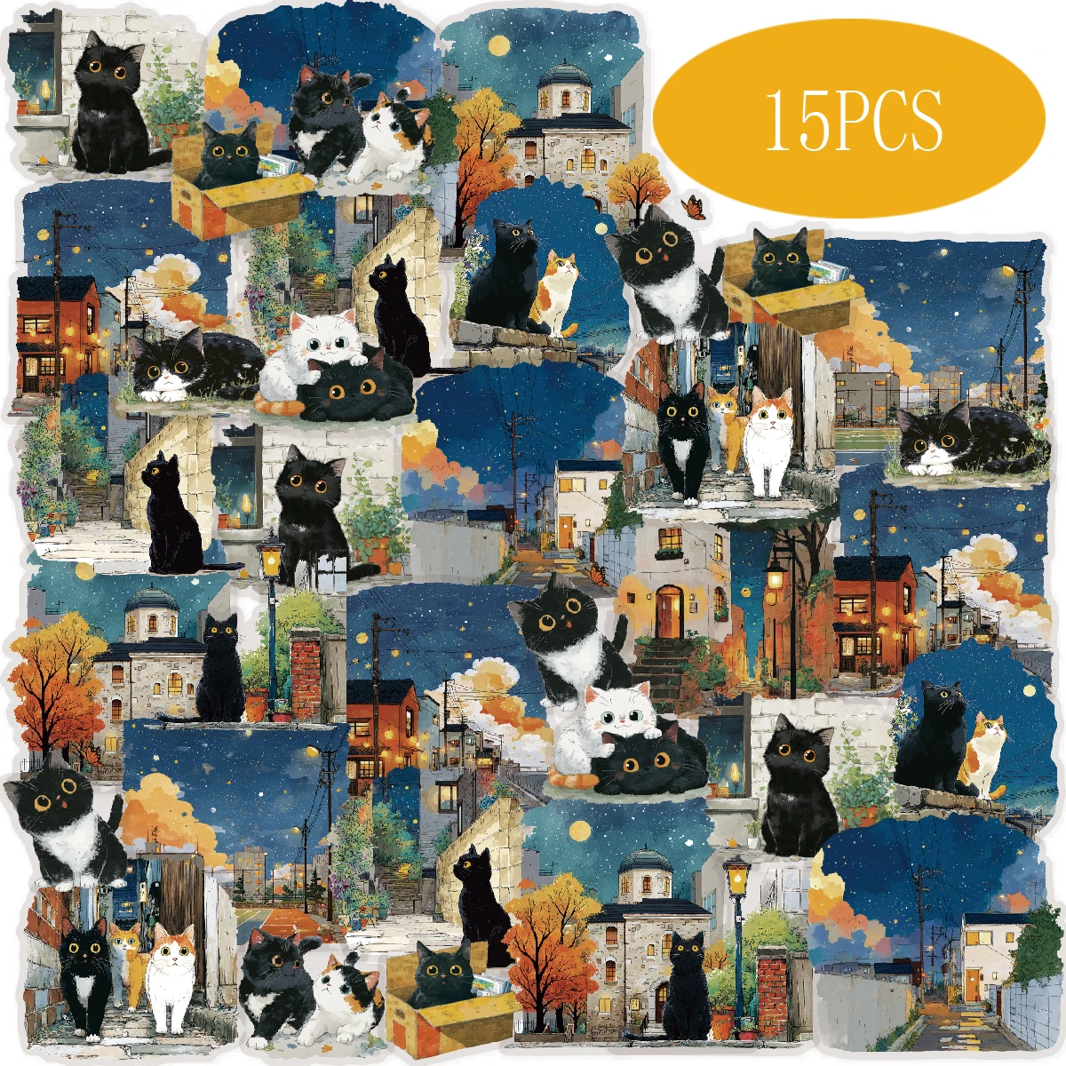 Etori Life Nightwalker 15Pcs Oil Painting Style Black Cat and City Night Scene Stickers for Notebook Decoration, Laptop Stickers, Phone Stickers, Luggage, Guitar, Cycling Decals, Room Decoration, Office Decoration Accessories, Handmade Scrapbooking Supplies, Student Gift Paper Bags, Card Making, Back-To-School Season, Children's Stationery Stickers