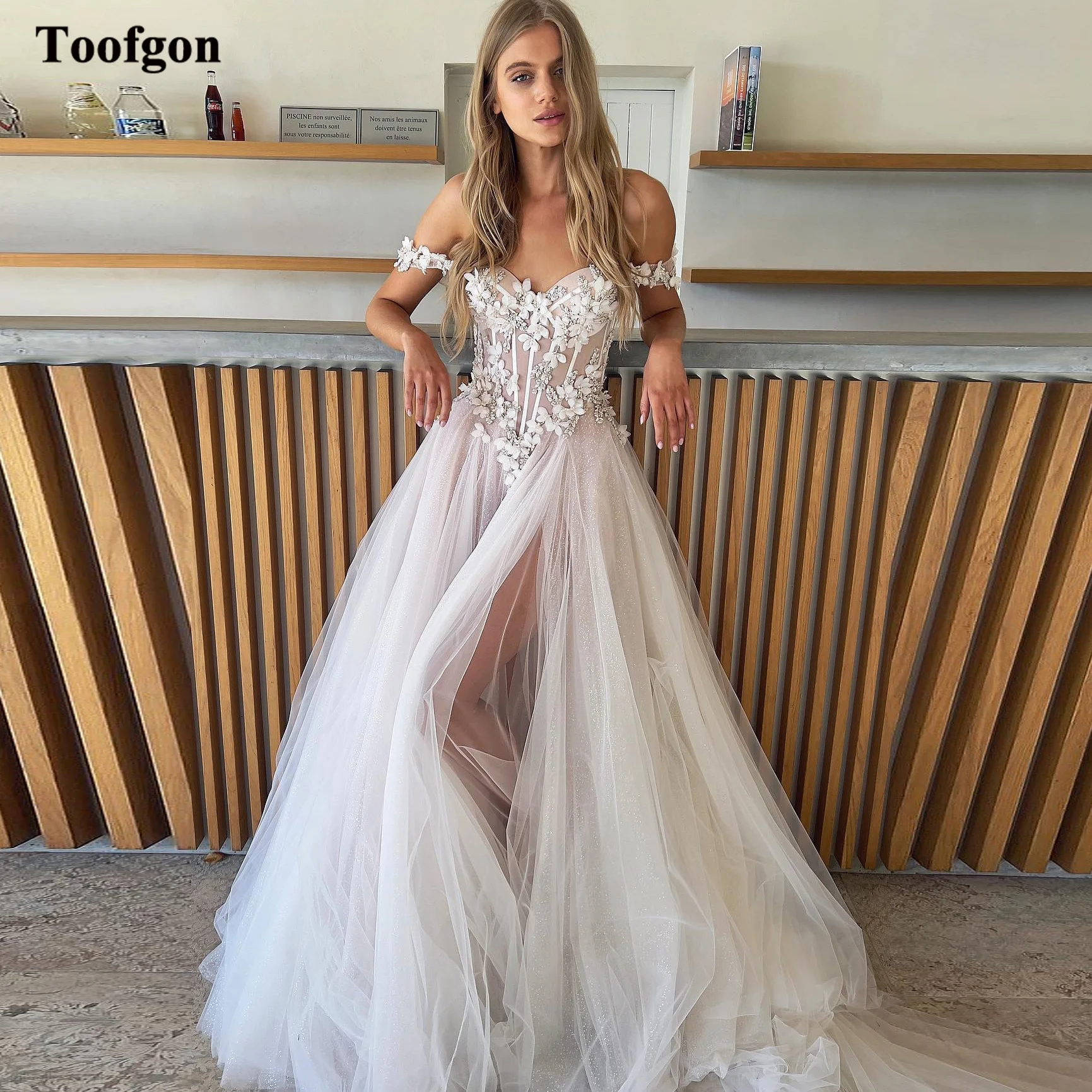 

Toofgon Boho A Line Lace Wedding Dresses Off The Shoulder Appliques Beaded Women Split Country Bridal Gowns Robe de mariage 2023