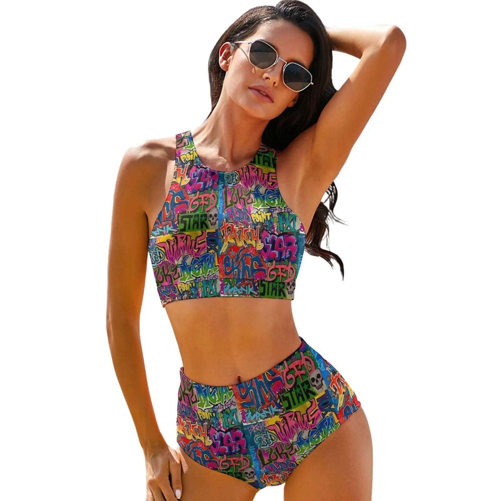 

Sexy STAR Graffiti Print Bikini Set Cute Bikini Swimsuit High Waist Swimwear Fitness Design Beach Outfits
