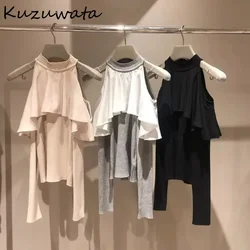 Kuzuwata Literary Pure Desire Wind French Style Knitted Patchwork Voile Knit Off Shoulder Sweaters Japan Cloak Elegant Pullover