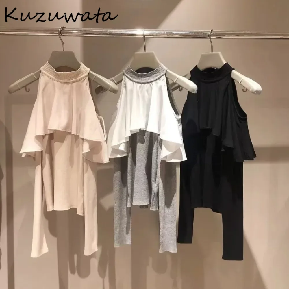 Kuzuwata Literary Pure Desire Wind French Style Knitted Patchwork Voile Knit Off Shoulder Sweaters Japan Cloak Elegant Pullover